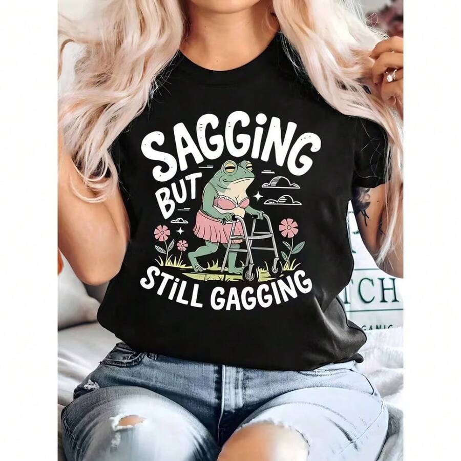 Unisex Funny SAGGING BUTOGGING Camiseta con estampado de rana, casual, de cuello redondo, manga corta, top de verano con patrón de rana, conjuntos de primaveraverano, lavable a máquina, ropa casual cómoda, adecuada para - [Negro] - Ver 1