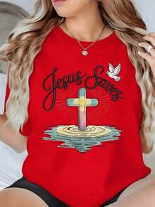 short-sleevePlayera Blanca de Mujer con Gráfico de Cruz de Colores y Frase "Jesús Salva", Camiseta Aesthetic Inspiradora de Fe Cristiana, Top Moderno Espiritual de Religión, Blusa Casual para la Iglesia Blusas Bonito 100% Cotton100% Cotton - Rojo - Ver 1
