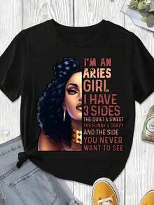 Elegante y casual camiseta de manga corta para mujer, camiseta de Aries para chica, regalo de cumpleaños del zodiaco, diseño de Aries con tres lados, ropa casual negra para mujer, primavera verano. - Negro - Ver 3