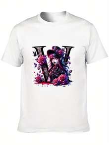 Tallas Grandes - Camiseta Gótica para Mujer - Emocionante estilo gótico de vampiro, rosas moradas, tela brillante y transpirable, disponible en tallas 0XL-5XL - Perfecta para Halloween, cosplay y ropa de calle diaria, disfraz de Halloween, estampado audaz, ajuste cómodo, top de acento, moda alternativa. - Blanco - Ver 4