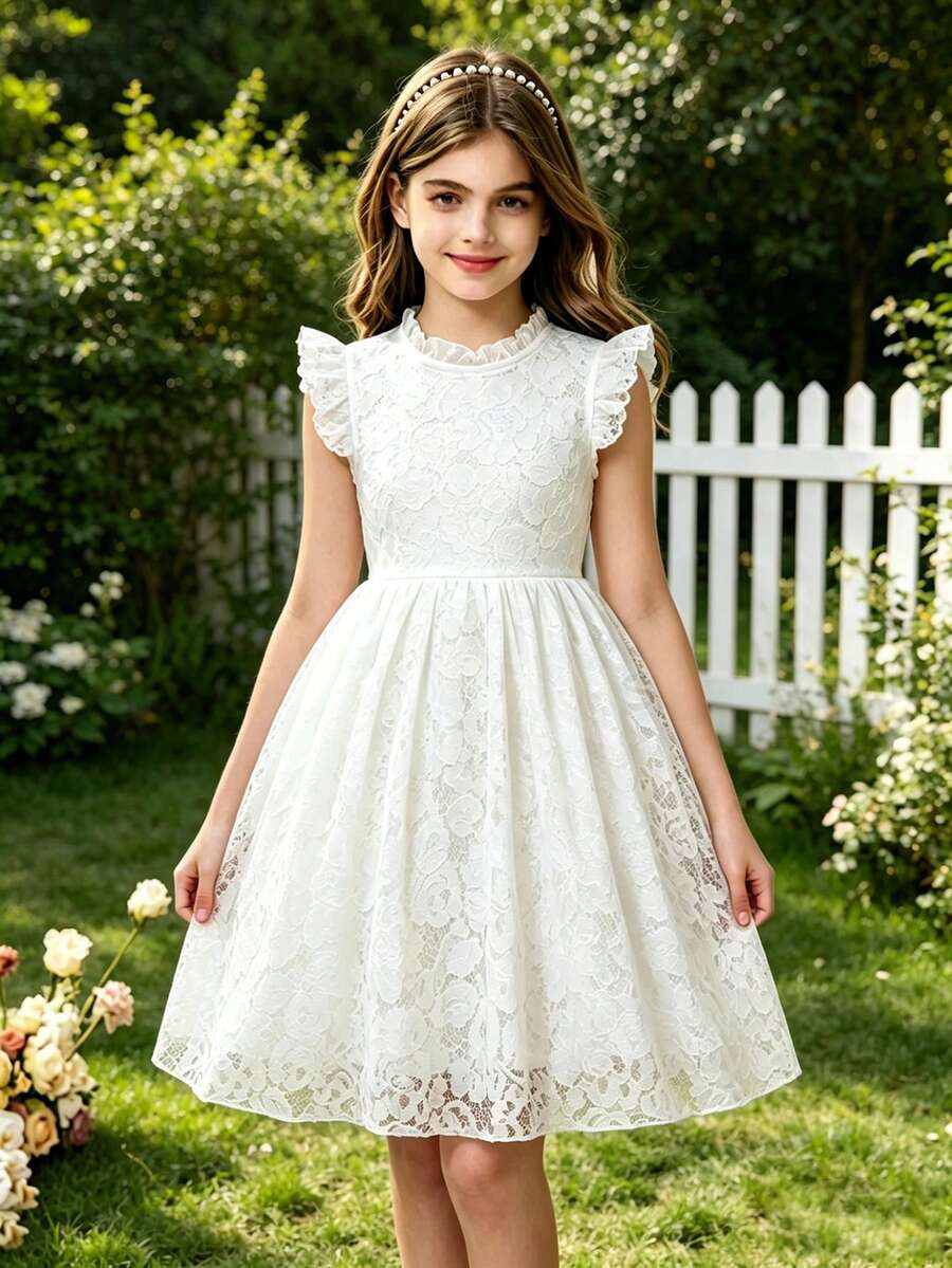 Đầm ren trắng tay ngắn cổ tròn cho bé gái, đầm ren trắng mùa xuân/hè cho bé gái, thanh lịch và duyên dáng, thích hợp cho đám cưới, tiệc tùng, họp mặt và các dịp khác, đầm công chúa. - trắng - Xem 1