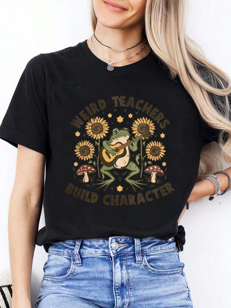 Camiseta de Mujer, Camiseta Casual de Moda con Cuello Redondo para Mujer, Temática de Pascua | Rana tocando la guitarra, diseño de girasol, estilo campestre, cuello redondo, tela ligeramente elástica, manga corta, para todas las estaciones. - Negro - Ver 1