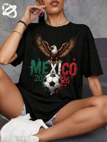 ALL IS ONE Camiseta con estampado de águila deéxico 2026, temática del Mundial de Fútbol,​​corte holgado, manga corta, estilo deportivo casual. - Negro - Ver 6