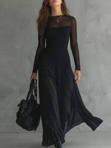 Vestido largo mujer primavera manga larga cintura ajustada elegante sensual estilo europeo moda trendy chic - Negro - Ver 6