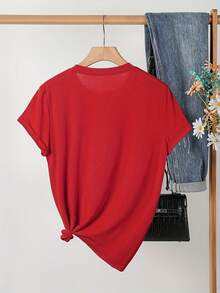 Camiseta Vintage Casual de Manga Corta con Cuello Redondo para Mujer con Diseño Floral, Perfecta para Primavera y Verano. - Rojo - Ver 3