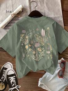 Limited Edition [Double-Sided Print] Women's Summer Casual T-Shirt, Watercolor Style With Wildflowers And Butterflies, Round Neck, Short Sleeve, Lightweight Cotton [Ling K] - 綠色 - 查看 2
