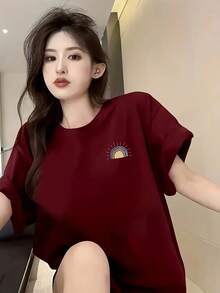 Camiseta de Edición Limitada con Patrón Geométrico - Manga Corta Suave, Cuello Redondo, Top Casual para Mujer, Ropa Estampada Estilo Y2K, Algodón Ligero - Negro - Ver 8