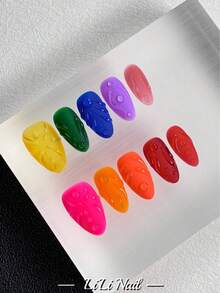 10pcs Handmade Short Almond Shaped Nail Tips, 3D Matte Colorful Nails, INS Style Gradient Rainbow Solid Color Nails, Water Drop Fluid Sculpture Nail Art, Hand-Painted Nails, Suitable For Women's Daily Commute, Party, Office Wear, Reusable Nail Set With Nail Tools Handmade Press On Nails - Multicolor - View 4