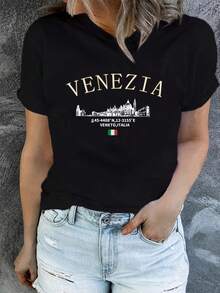 Camiseta de Mujer con Estampado de Venecia de Diseño Sencillo - Camiseta casual de manga corta y cuello redondo con estampados de canales venecianos y lugares icónicos, un top estilo camisa de temática italiana adecuado para primavera y verano, lavable a máquina, ideal para viajes y uso diario. Elegante y Práctica para el Verano. - Negro - Ver 1