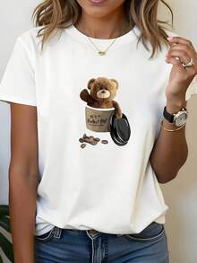 Camiseta holgada de diseño sencillo, con estampado de oso de peluche adorable y granos de café, estampado moderno, camiseta blanca de manga corta y cuello redondo, lavable a máquina, estilo casual, ajuste cómodo, diseño elegante, versátil para uso diario, tela suave, estilo moderno. Elegante y práctico para el verano. - Blanco - Ver 1