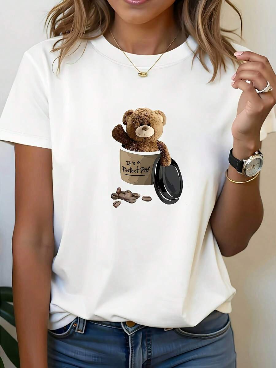 Camiseta holgada de diseño sencillo, con estampado de oso de peluche adorable y granos de café, estampado moderno, camiseta blanca de manga corta y cuello redondo, lavable a máquina, estilo casual, ajuste cómodo, diseño elegante, versátil para uso diario, tela suave, estilo moderno. Elegante y práctico para el verano. - Blanco - Ver 1