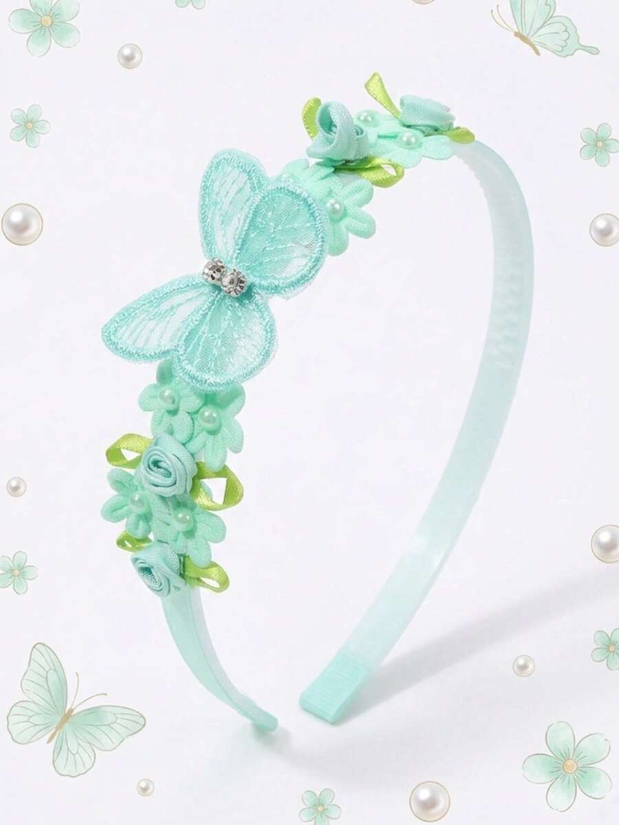 1pc Green Flower & Butterfly Headband, Delicate Rose Mesh Butterfly Decor Hair Hoop, Spring/Summer Girls & Teens Hair Accessory, Suitable For Daily Wear - Green - View 1