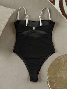 Nuevo mono azul marino sin tirantes, sólido, casual, sexy y elegante para mujer de, adecuado para la playa, vacaciones, fiestas y citas - Blanco y Negro - Ver 5