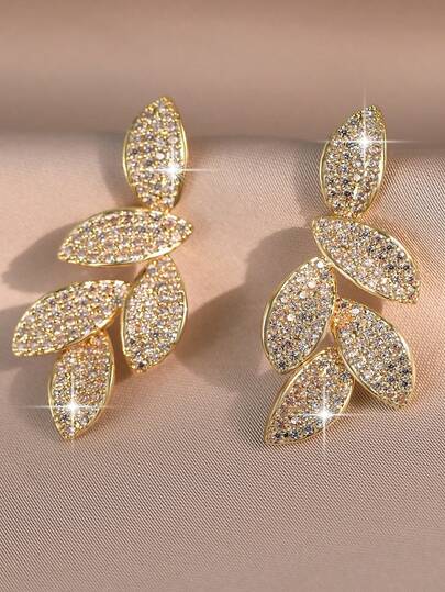 1pair Luxury Elegant AAA Cubic Zirconia Asymmetrical Leaf Shaped Decor Women's Dangle Earrings, Suitable For Wedding Wear And Gift For Daily Wear
