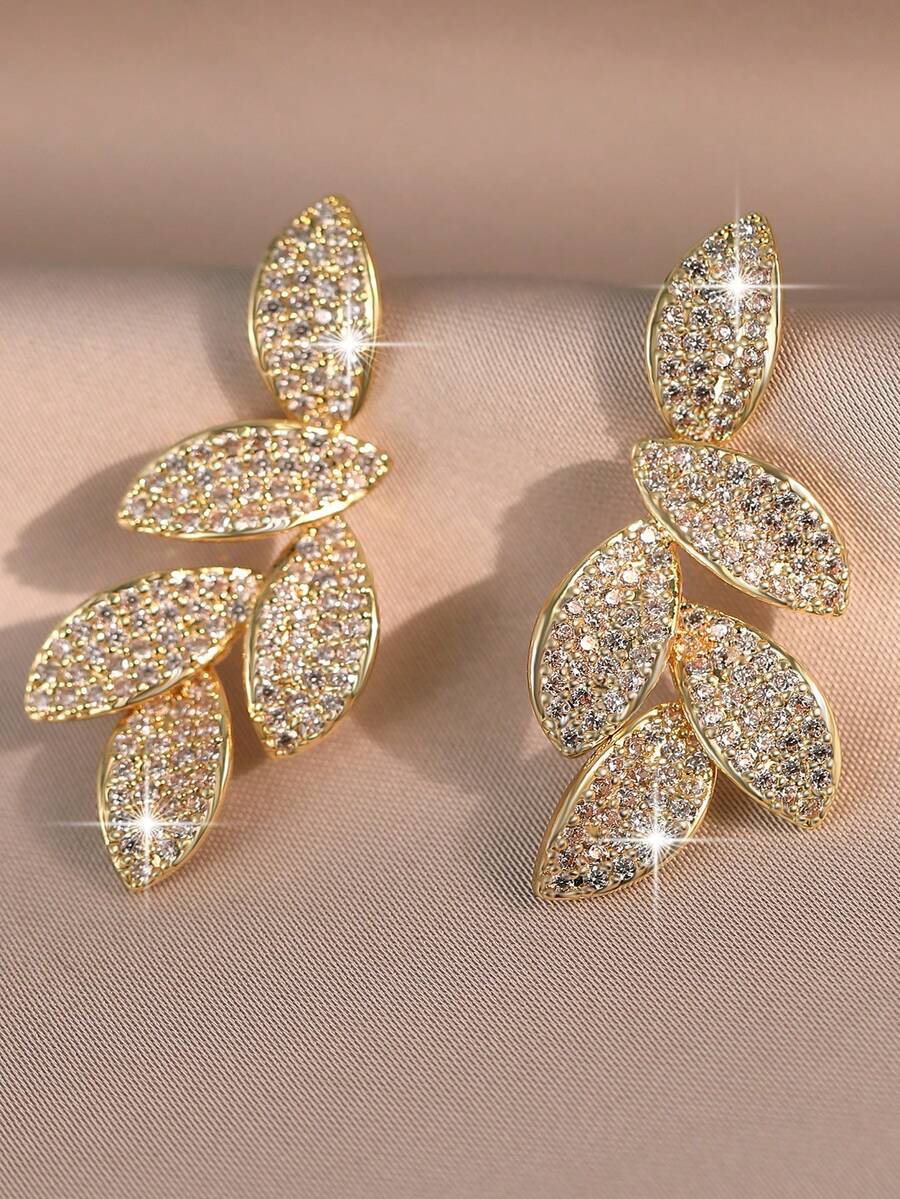 1 Par de Brincos Pendentes Assimétricos em Forma de Folha com Zircónia Cúbica AAA, Luxuosos e Elegantes, para Mulher, Adequados para Casamento e Uso Diário, Presente - Ouro - Ver 1