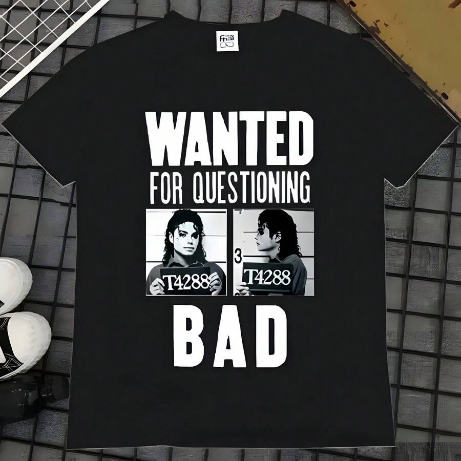 Camiseta Unisex con Estampado de Michaels Jacksons, Diseño WANTED FOR QUESTIONING BAD, Estilo Vintage, Manga Corta, Cuello Redondo, Streetwear para Fans de Pop - Negro - Ver 1