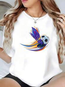 Balón de fútbol en movimiento con líneas de colores vibrantes que transmiten energía pasión y libertad camiseta de mujer casual moderna y cómoda para amantes del deporte - Negro - Ver 6