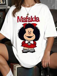 Diseño simple y versátil: Mafalda, la curiosa chica de cabello negro y lazo rojo, lleva una ropa adornada con cruces, que simbolizan su aguda inteligencia y espíritu crítico. Ella desea un mundo más pacífico y justo. Esta camiseta de algodón puro para mujer - Blanco - Ver 1