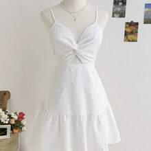 Women's Vacation Style Camisole Mini Dress, With Bowknot Back Straps, Twist Front, White Summer Casual - Blanco - Ver 1