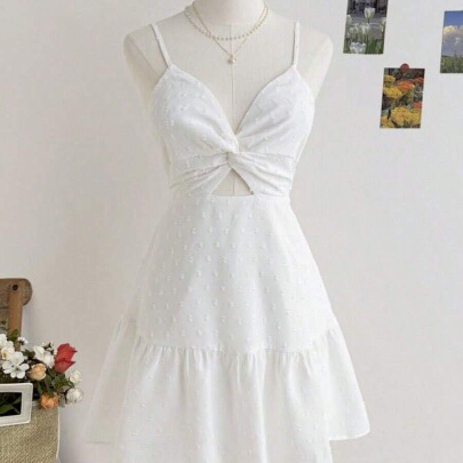 Women's Vacation Style Camisole Mini Dress, With Bowknot Back Straps, Twist Front, White Summer Casual - Blanco - Ver 1