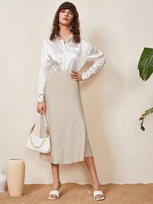 Falda de trabajo lisa negra con detalles de cremallera, falda elegante de señora con cremallera midi estrecha de cintura alta de color negro liso para mujer, para primavera/verano, uso diario casual - Albaricoque - Ver 6