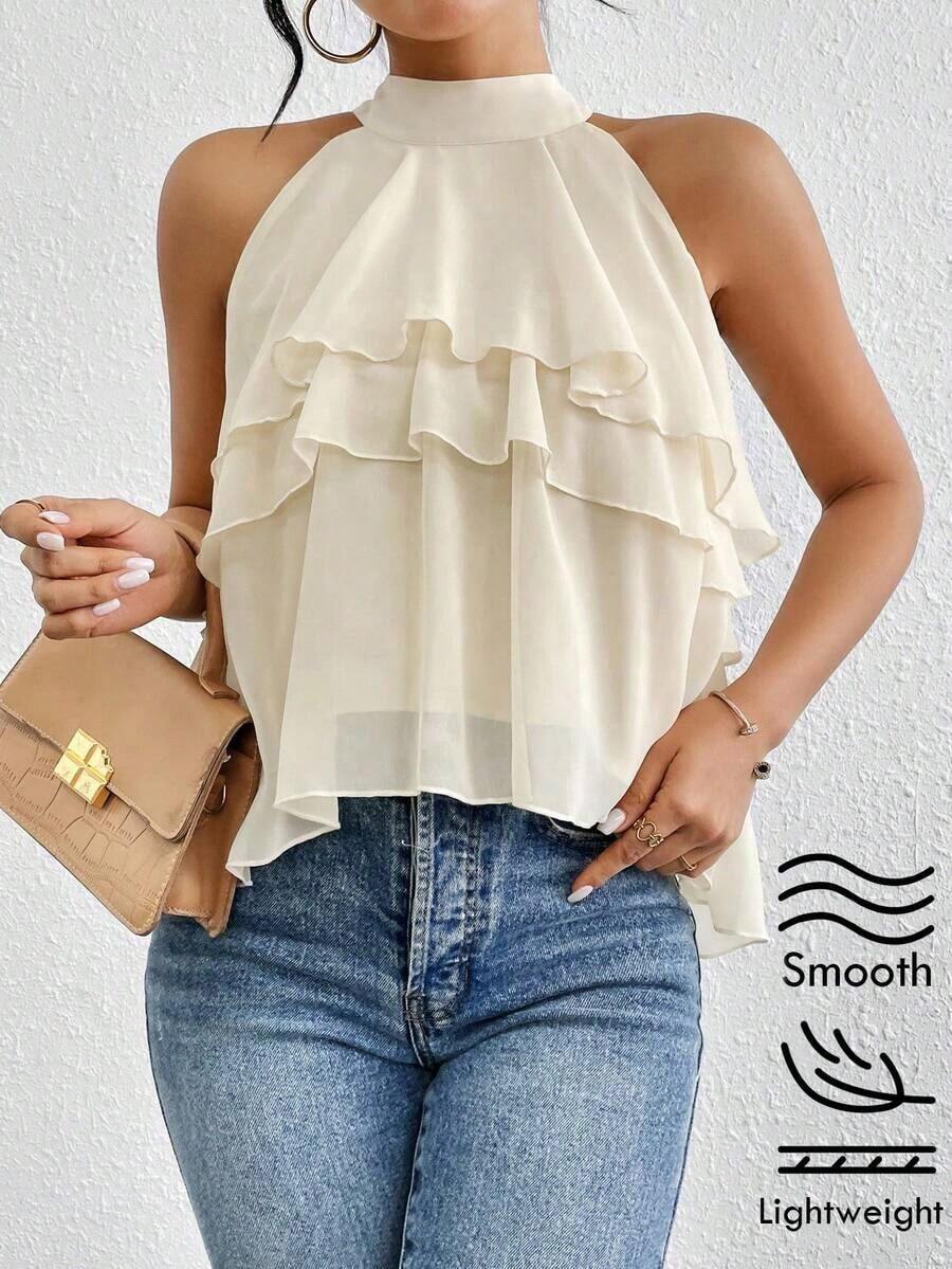 Blusa de gasa con volantes asimétricos y cuello suelto - Beis - Ver 1