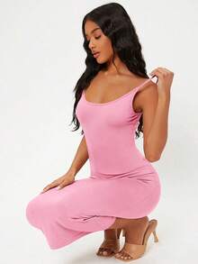 BASICS Vestido casual de cóctel ceñido de tirantes lisos para cena y citas - Rosa - Ver 5