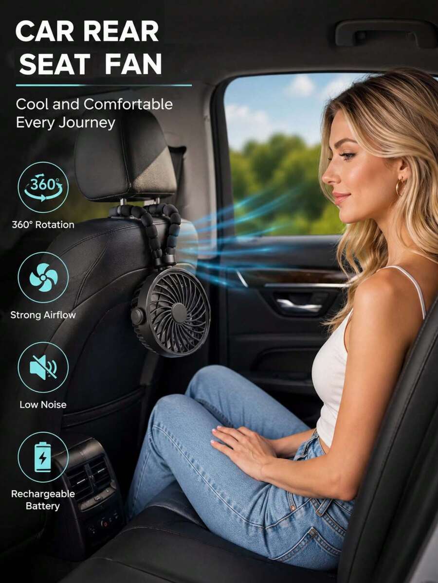 YAIUZGOO 夾式車用風扇附 LED 顯示螢幕，可充電、多功能個人空氣循環，適用於辦公室、車內、遮陽傘下與旅行