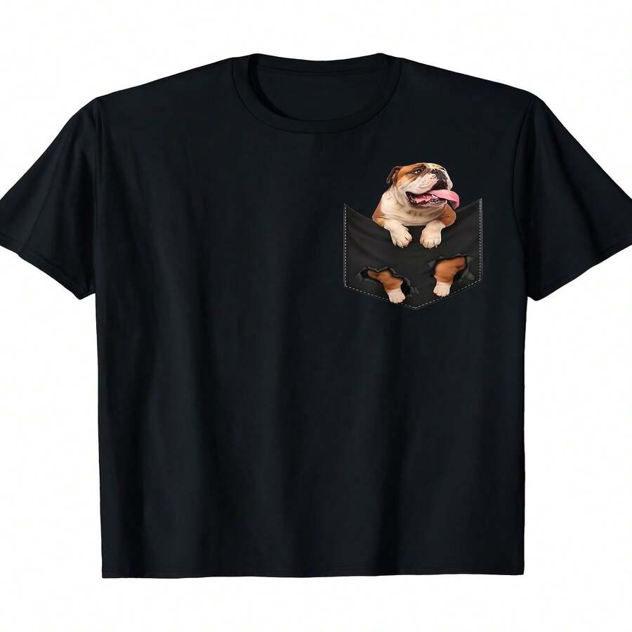 Esta camiseta con temática del Día de la Independencia/Día del Padre presenta un divertido dise?o de bulldog británico, perfecto para los amantes de los perros y apto tanto para hombres como para mujeres. Confeccionada con un tejido ligero de 180 g, ideal para el verano de 2025, tiene mangas cortas y está hecha de un tejido de 220 g. - Negro - Ver 1