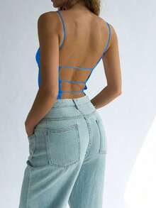 Camiseta De Tirantes Corta Sin Espalda Y Ajustada Con Un Solo Color Para El Verano - Azul - Ver 4