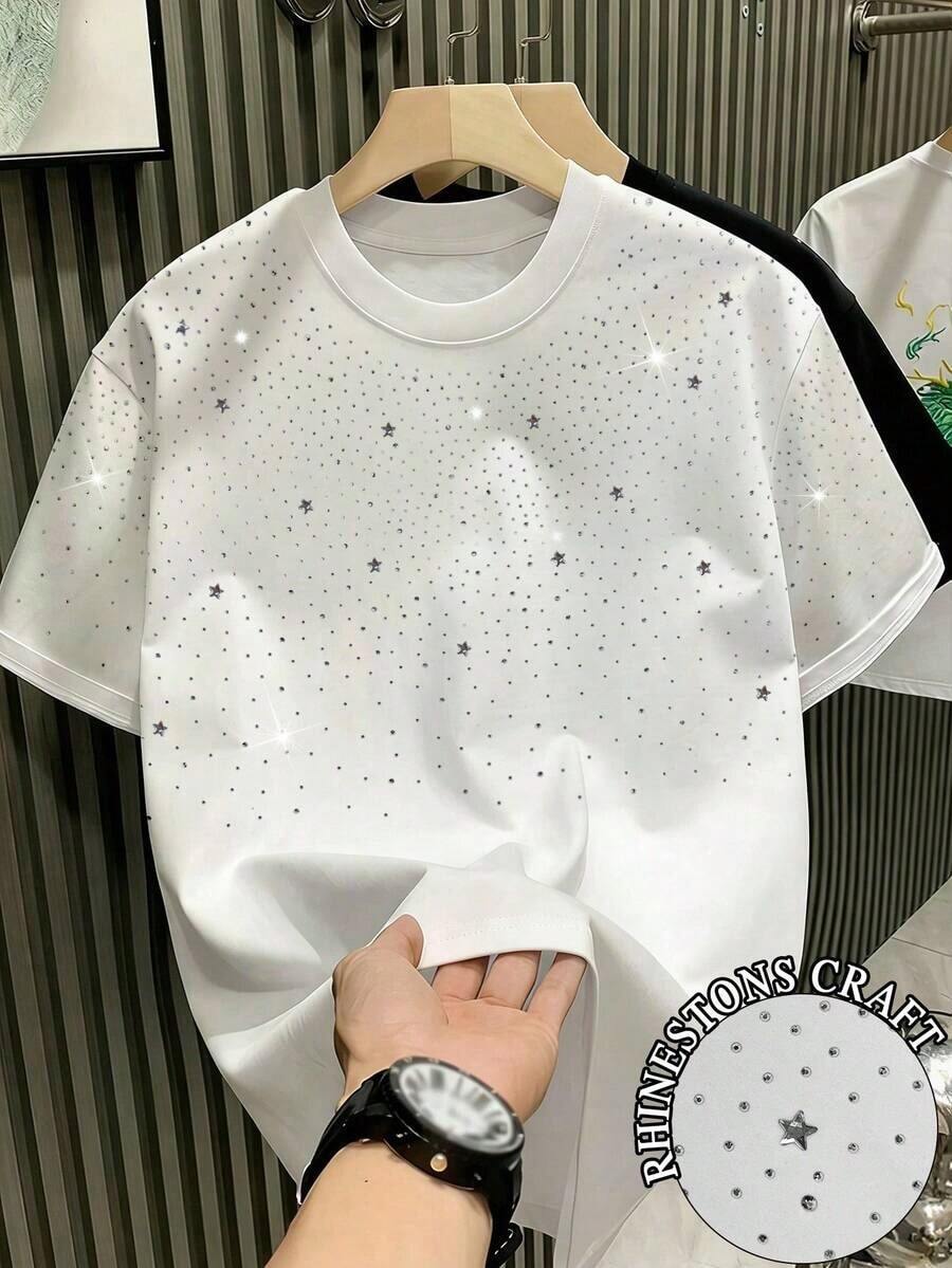 Camiseta informal de manga corta y cuello redondo de unicolor para hombres, con proceso de perforación caliente, nueva colección primavera/verano 2025, rave - Blanco 2 - Ver 1