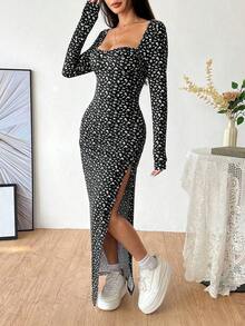 Vestido largo con cuello cuadrado, manga larga y bajo con abertura, estampado de leopardo, para uso casual diario en otoño/invierno - Blanco y Negro - Ver 3
