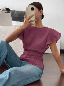 Blusa de mujer de cuello redondo liso, con mangas con volantes y cintura ceñida - Burdeos - Ver 4