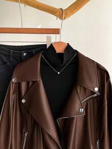 Chaqueta de cuero de PU de manga larga rojo vino, de corte holgado y básico, para mujer de talla grande, de estilo casual, para otoño y primavera, Y2K, streetwear, primavera, abrigos rojos vino para mujer, estilo años 2000, disco/invierno - Marrón - Ver 7