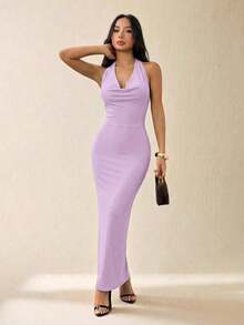 Vestido elegante de mujer de unicolor con cuello drapeado de malla, vestido largo, estilo vacacional, adecuado para vacaciones de otoño/invierno - Púrpura malva - Ver 6