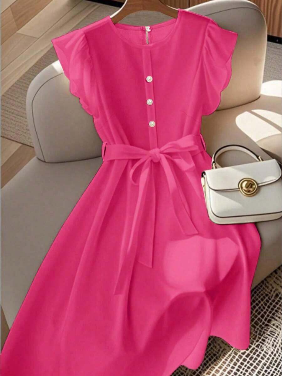 Vestido de mujer de longitud media, cómodo y suave, sin estiramiento, con cuello redondo, mangas de vuelo, cintura elástica, decoración de botones de perla, estilo francés elegante y versátil para vacaciones y viajes, color albaricoque, primavera - Rosa Fucsia - Ver 1