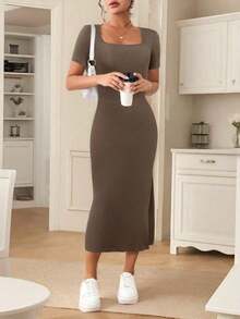 Frenchy Vestido elegante de unicolor de manga corta con abertura simple para mujeres - Café integral - Ver 4