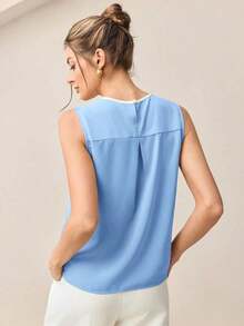 Camiseta sin mangas con detalle de pliegues y ribete de contraste para mujer, blusa formal elegante para el transporte urbano, uso casual de negocios - Azul - Ver 8