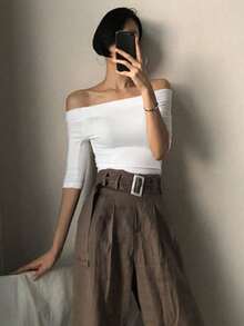 Camiseta negra de manga corta ajustada con hombros descubiertos de unicolor para mujer, primavera/verano - Blanco 2 - Ver 3