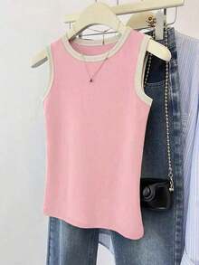 Camiseta de tirantes casual y versátil con ribete de contraste y cuello redondo para el verano - Rosa - Ver 3