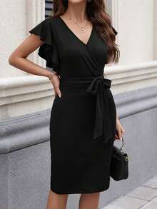 Vestido midi con estampado floral y cuello en V con mangas cortas, elegante para vacaciones - Negro - Ver 4