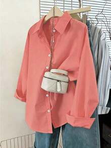 Camisa casual de manga larga, de un solo pecho, de unicolor y holgada para mujer - Naranja Coral - Ver 8