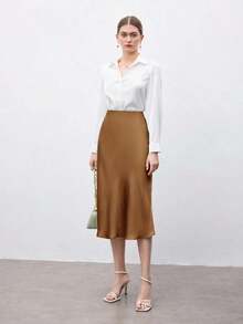 Falda negra básica de corte evasé para mujer, adecuada para el transporte urbano, negocios, uso casual, oficina, y atuendo formal elegante para mujer - Marrón 2 - Ver 4
