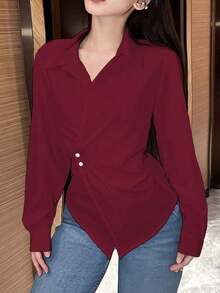 Blusa larga de manga larga con nudo de mujer, color liso, camisa de mujer para primavera y otoño, blusas de manga larga - Burdeos - Ver 6