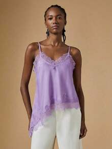 2026 Nuevo Llegado Verano Elegante Blusa de Satén a Lunares para Mujer con Tirantes de Encaje Contrastante y Bajo Asimétrico de Longitud Regular/Blusa Asimétrica de Verano, Blusa de Salida de Verano para Mujer, Vacaciones de Primavera, Blusa Eleg - Púrpura malva - Ver 5