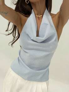 Blusa de mujer con escote profundo drapeado, sin espalda y con lazo trasero, de estilo elegante y sexy - Azul - Ver 8