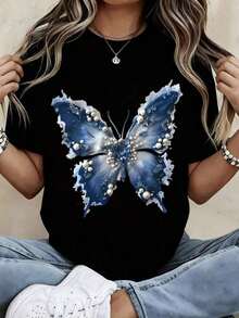 Camisetas Casuales para Mujer, Camiseta de Cuello Redondo para Mujer con Estampado de Mariposa Azul y Perlas, Manga Corta, Top Casual de Verano, Camiseta para Mujer, Estilo Y2K, Camisetas de Moda de Verano, Conjuntos y Tops Casuales de Streetwear. - Negro - Ver 6