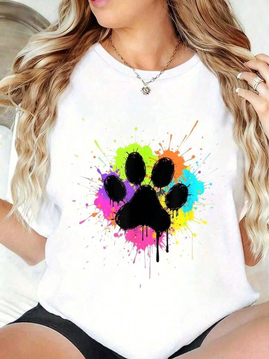 Plus Size 100% Cotton T-Shirt With Colorful Dog Paw And Heart Print For Dog Lovers, For Dad And Mom. Crew Neck, Short Sleeves, Stretchy Fabric, Summer T-Shirt. - 白色 - 查看 1