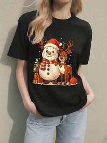 Christmas-Themed T-Shirt With A Reindeer And Snowman Print, Colorful, Perfect For This Season And Everyday Wear, Eye-Catching, Modern, Loose-Fitting, Round Neck, Short Sleeves, Ideal For The Whole Family - 黑色 - 查看 6