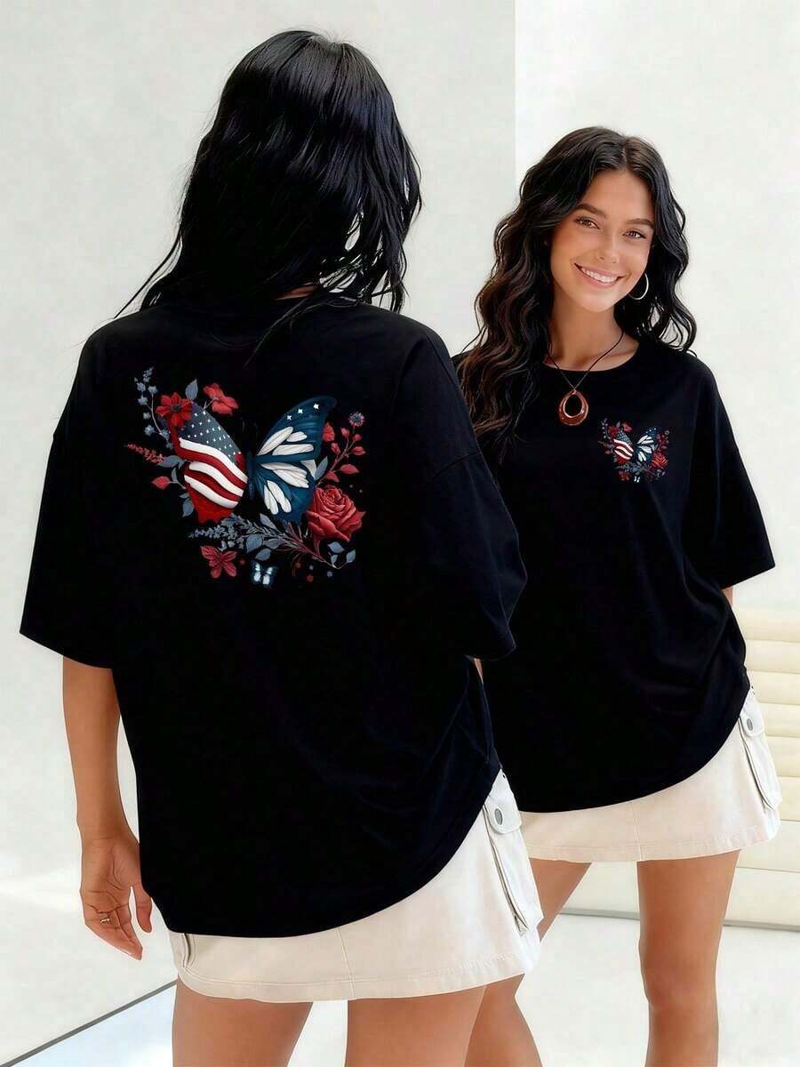 Butterfly With Wings Representing The Union Of Freedom And Beauty Surrounded By Roses And Detailed Flowers. Women's T-Shirt, 100% Cotton. Suitable For Spring, Summer And Autumn. - Black - View 1